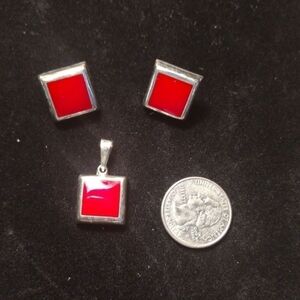 Vintage 925 Mexican Red and Silver Square Jewelry Set